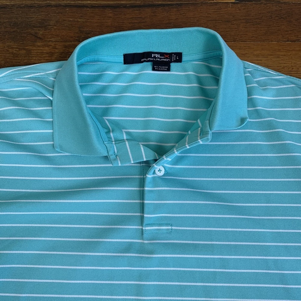 Polo Ralph Lauren RLX Men Large Green & White Striped Short Sleeve Golf Polo